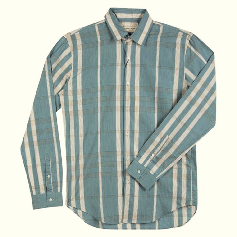 Burberry Teal and Beige Striped Dress Shirt